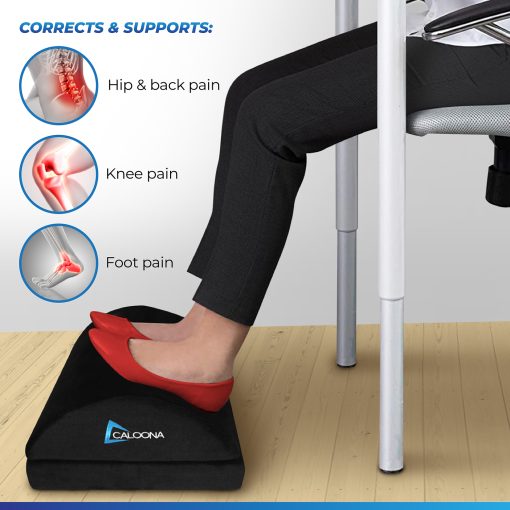 CALOONA Ergonomic Foot Rest for Office and Home - Adjustable Black Velvet Memory Foam Foot Stool