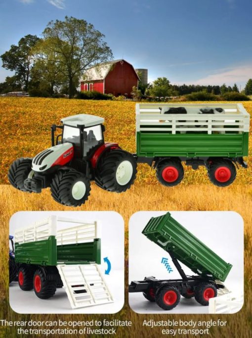 RC Farm Tractor 1/24 Scale Toy 4 Wheel Convertible Livestock Trailer & Cow - Image 2